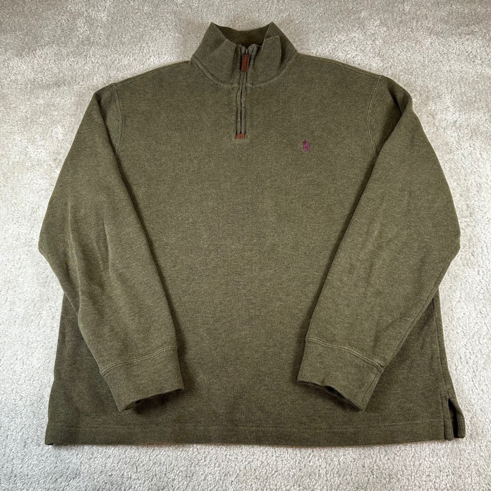 Polo Ralph Lauren Quarter Zip Pullover Mens Large Olive Green Purple Pony Knit‎